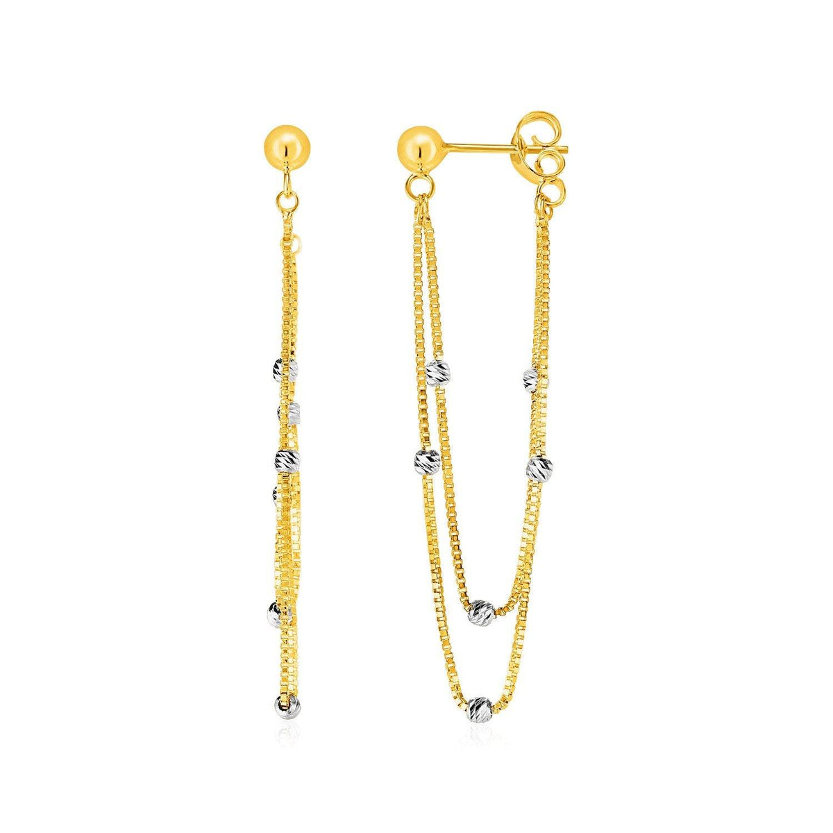 Hanging Chain Post Earrings with Bead Accents in 14k Yellow and White Gold - Sable Gold