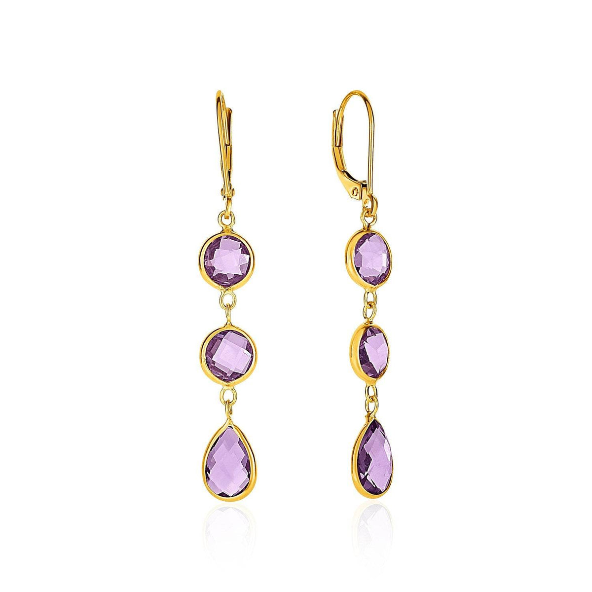 Drop Earrings with Round and Pear-Shaped Amethysts in 14k Yellow Gold - Sable Gold