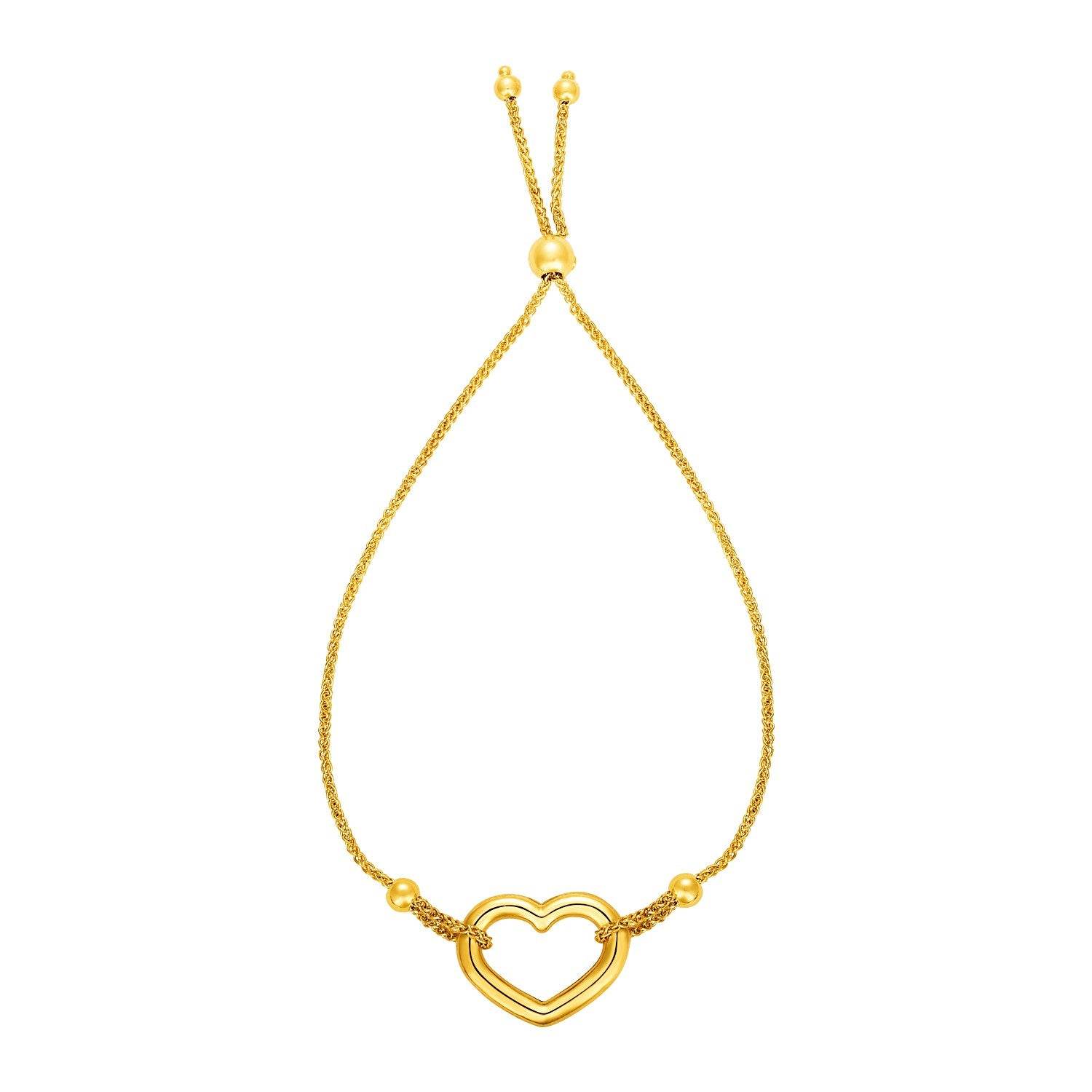 Adjustable Bracelet with Shiny Open Heart in 14k Yellow Gold (1.00 mm) - Sable Gold