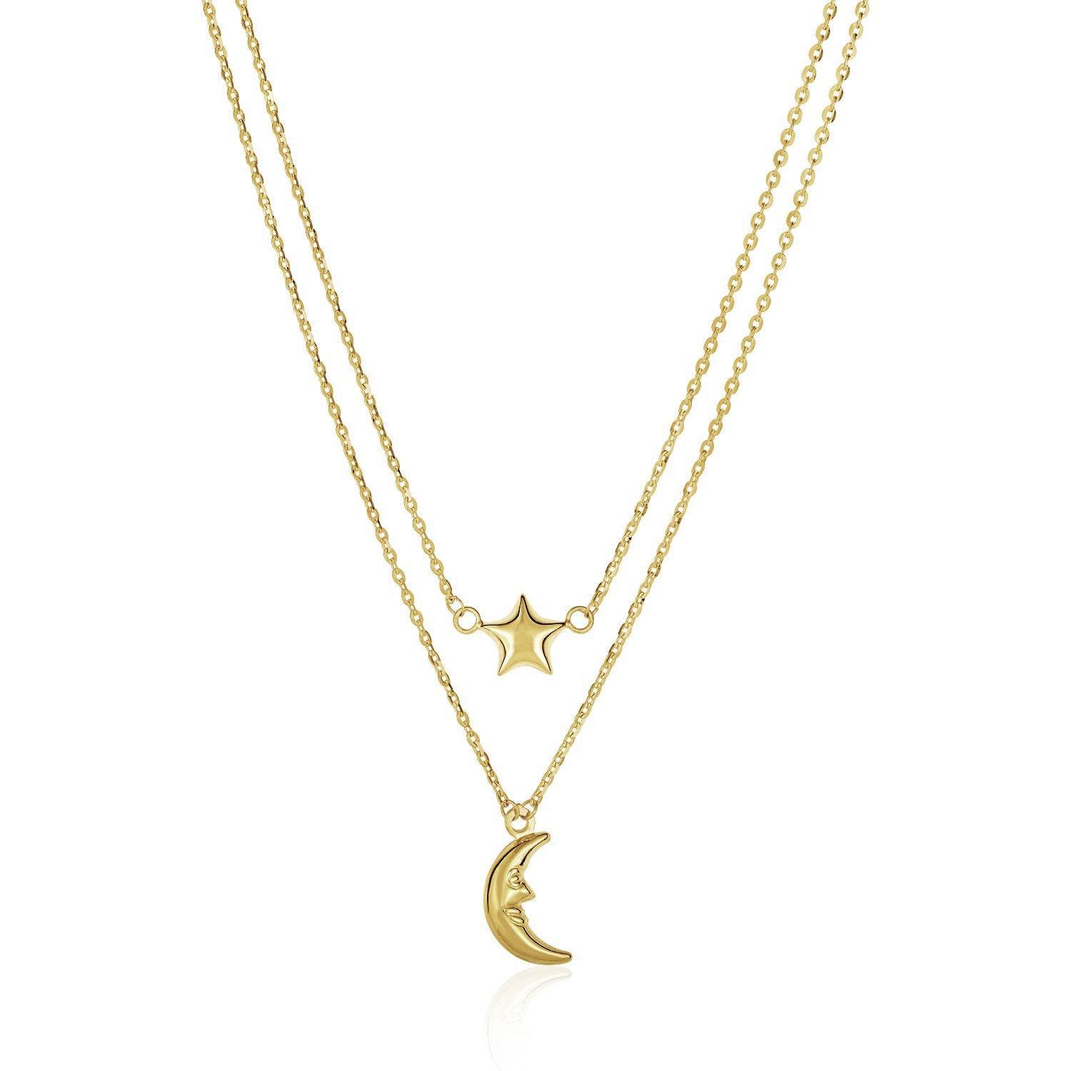 14k Yellow Gold Double-Strand Chain Necklace with Puff Moon and Star - Sable Gold