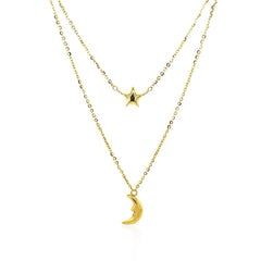 14k Yellow Gold Double-Strand Chain Necklace with Puff Moon and Star - Sable Gold