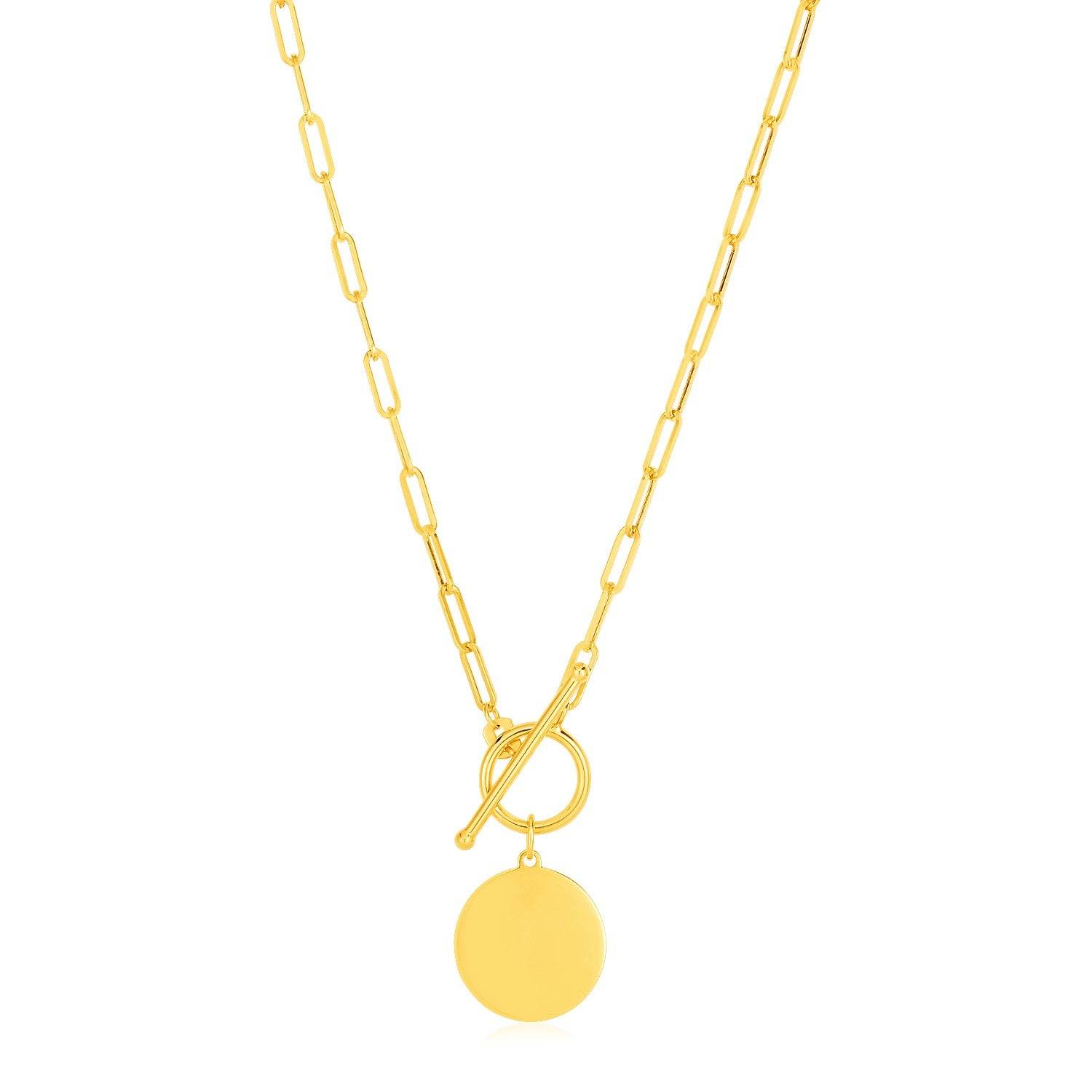 14k Yellow Gold Paperclip Chain Necklace with Circle Pendant - Sable Gold