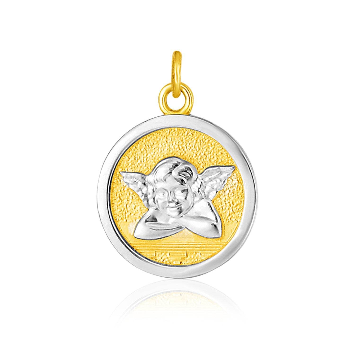 14k Two Tone Gold Round Angel Medal Pendant - Sable Gold