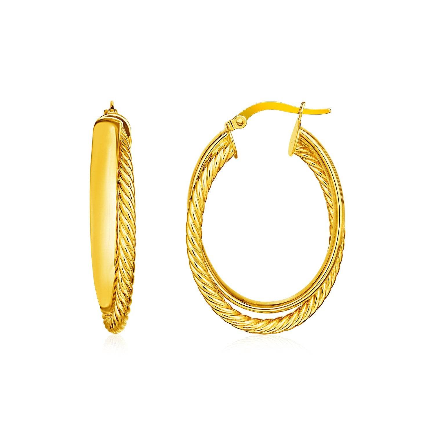 14k Yellow Gold Two Part Textured Twisted Oval Hoop Earrings - Sable Gold