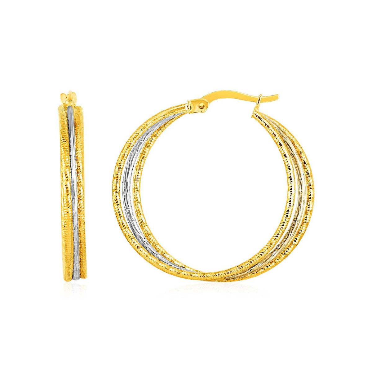 Three Part Textured Hoop Earrings in 14k Yellow and White Gold - Sable Gold