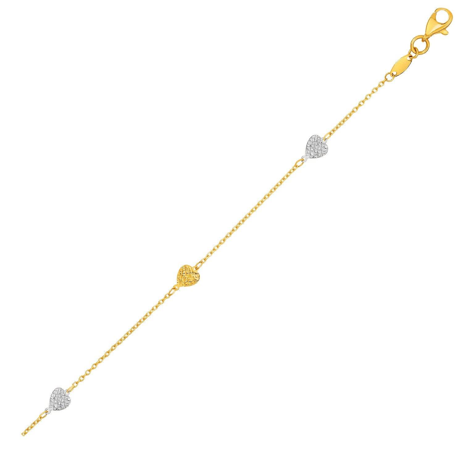 14k Two-Toned Yellow and White Gold Anklet with Textured Hearts - Sable Gold