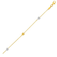 14k Two-Toned Yellow and White Gold Anklet with Textured Hearts - Sable Gold