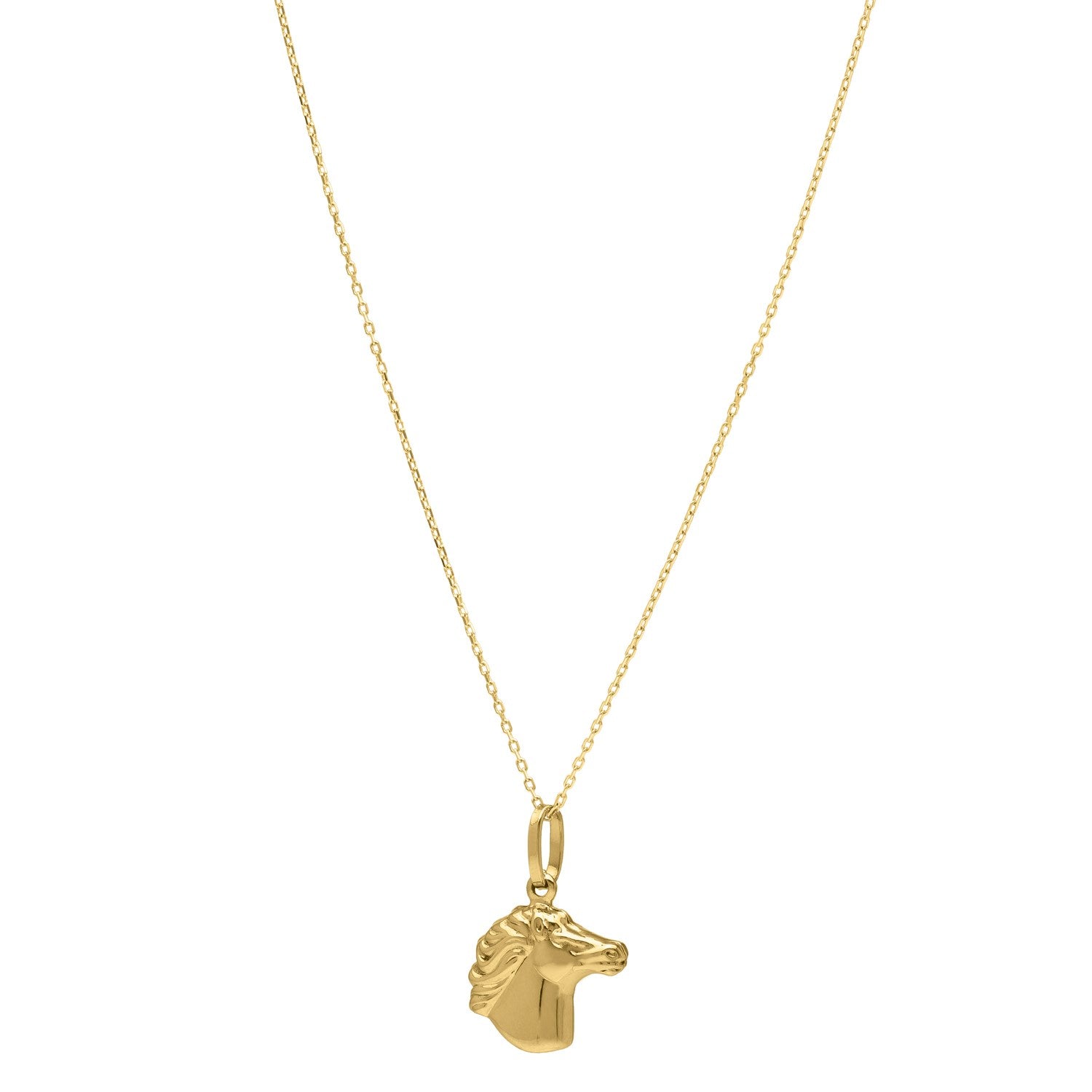 Medium 14K yellow gold horse profile pendant necklace featuring a detailed horse head charm, perfect for equestrian enthusiasts.