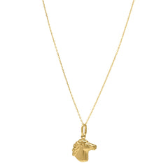 Medium 14K yellow gold horse profile pendant necklace featuring a detailed horse head charm, perfect for equestrian enthusiasts.