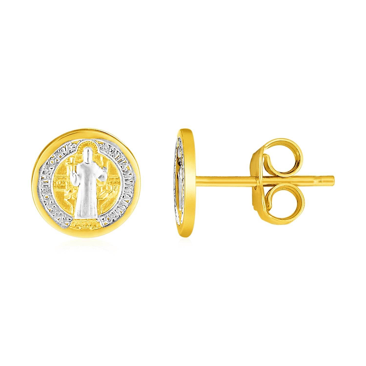 14k Two Tone Gold Round Religious Medal Post Earrings(8mm) - Sable Gold