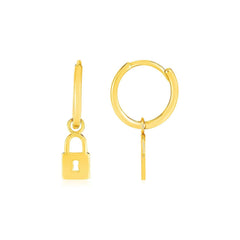 14k Yellow Gold Huggie Style Hoop Earrings with Padlock Drops - Sable Gold