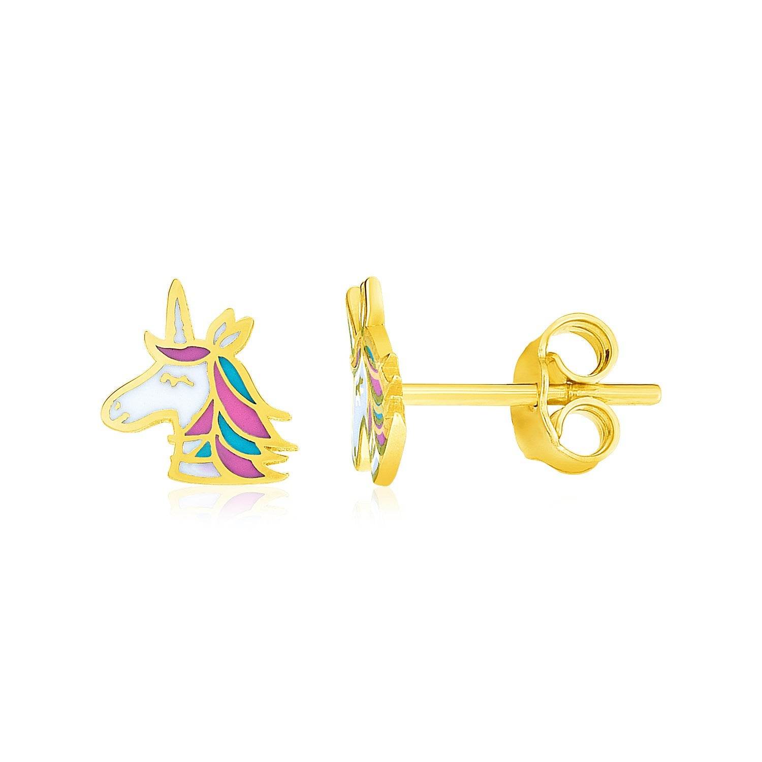 14k Yellow Gold Enameled Unicorn Childrens Earrings - Sable Gold