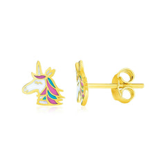 14k Yellow Gold Enameled Unicorn Childrens Earrings - Sable Gold