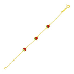 14k Yellow Gold Childrens Bracelet with Enameled Strawberries(1.00 mm) - Sable Gold