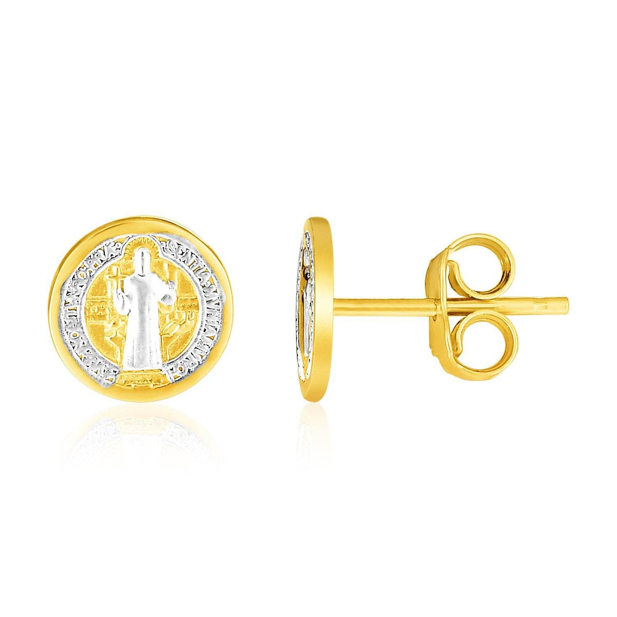 14k Two Tone Gold Round Religious Medallion Post Earrings(8mm) - Sable Gold