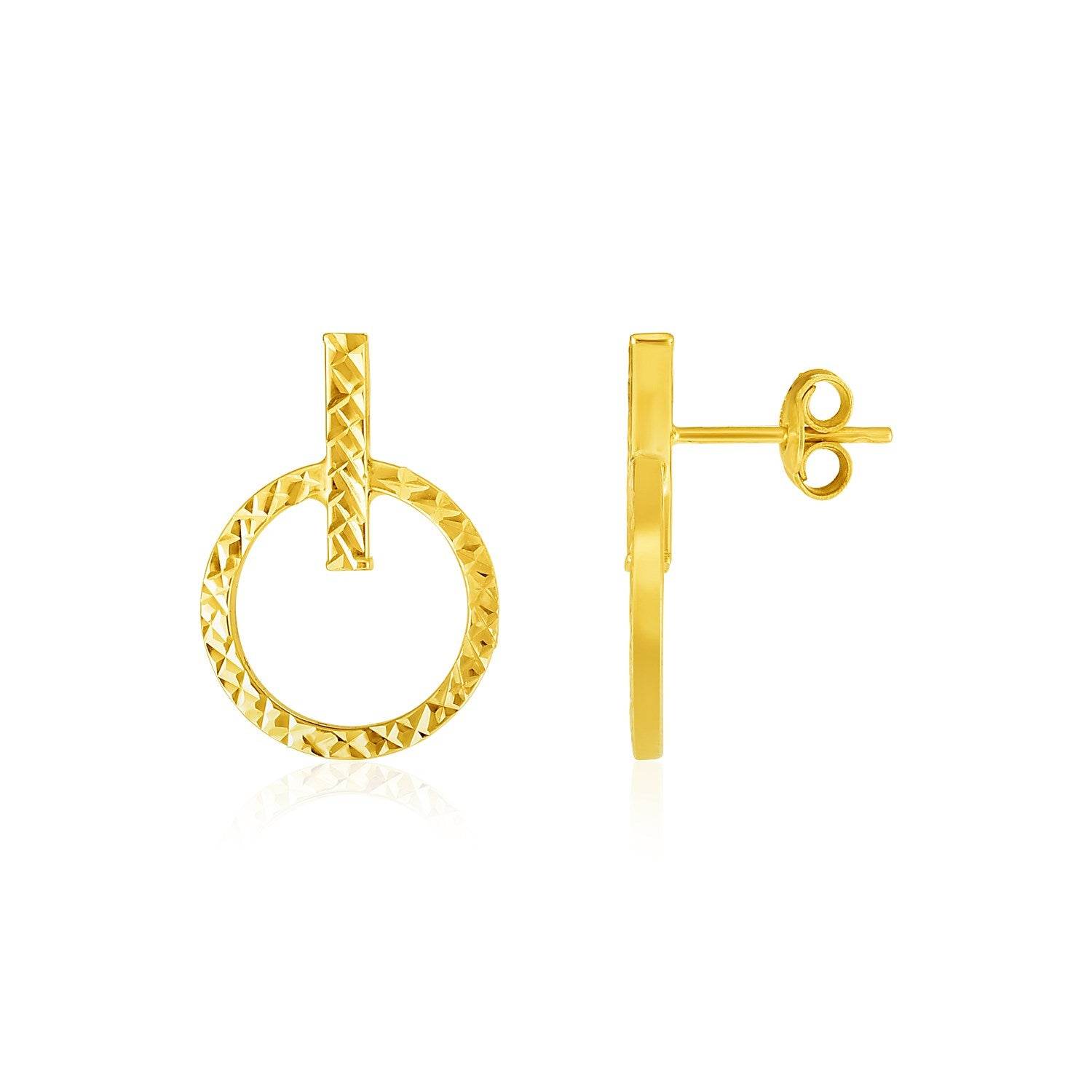 14k Yellow Gold Textured Circle and Bar Post Earrings - Sable Gold