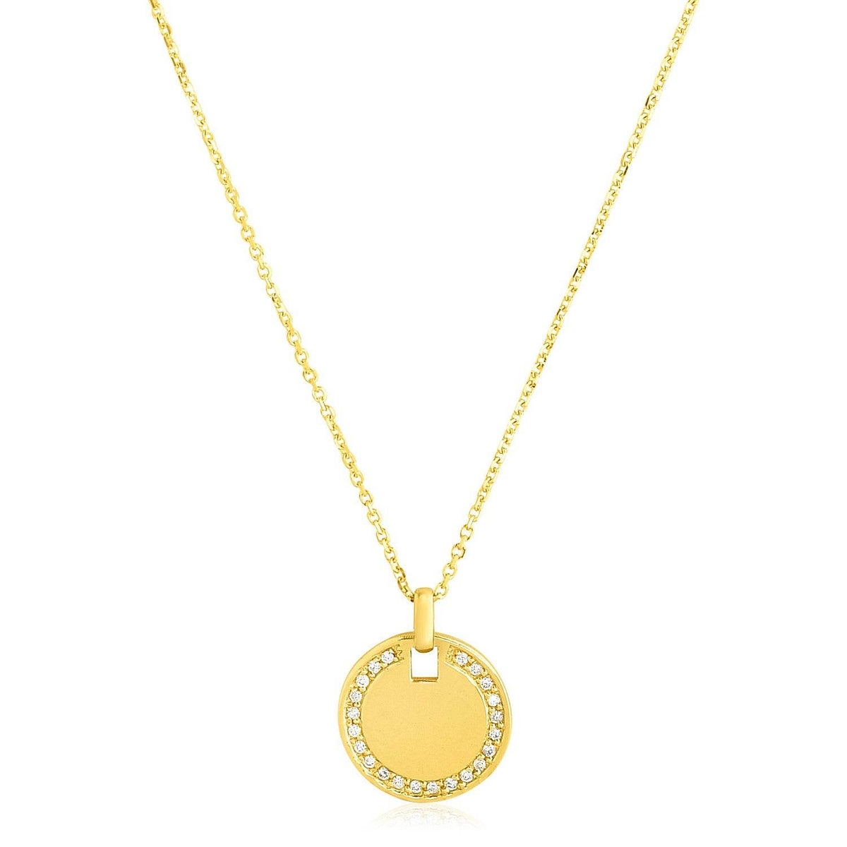 14k Yellow Gold High Polish Diamond Round Disc Tag Necklace - Sable Gold