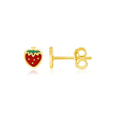 14k Yellow Gold Enameled Strawberry Childrens Earrings - Sable Gold