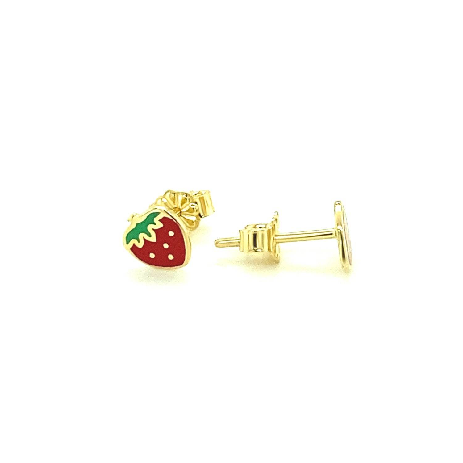 14k Yellow Gold Enameled Strawberry Childrens Earrings - Sable Gold