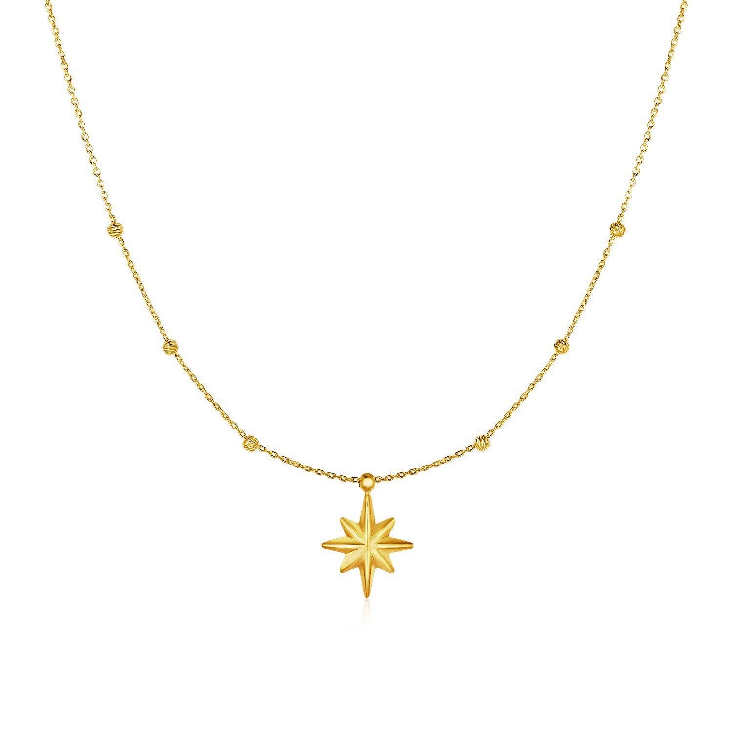 14k Yellow Gold Necklace with Eight Pointed Star and Beads - Sable Gold