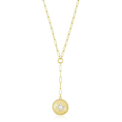 14k Yellow Gold High Polish Star Medallion Two Tone Lariat Necklace - Sable Gold