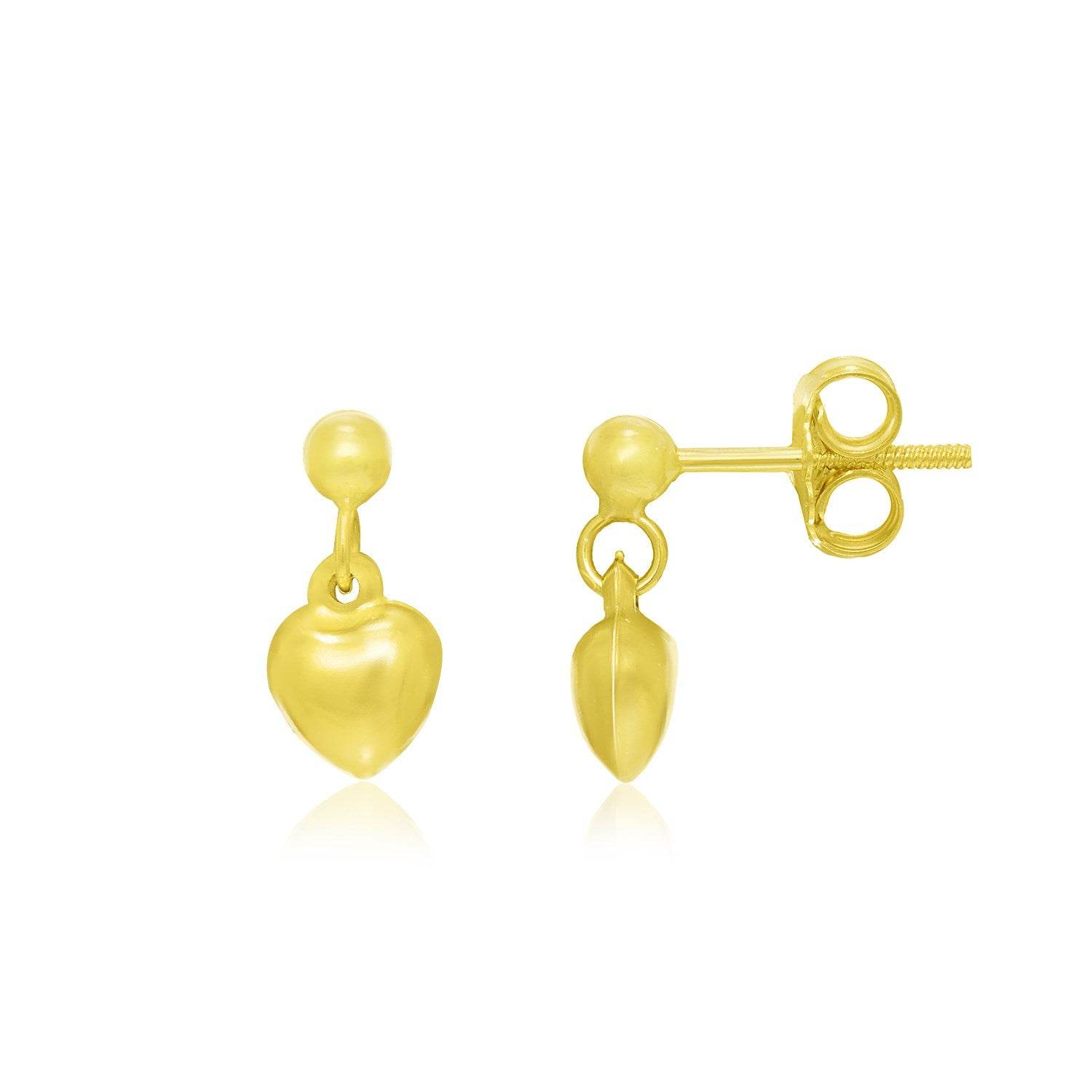 14k Yellow Gold Puffed Heart childrens Dangling Earrings - Sable Gold