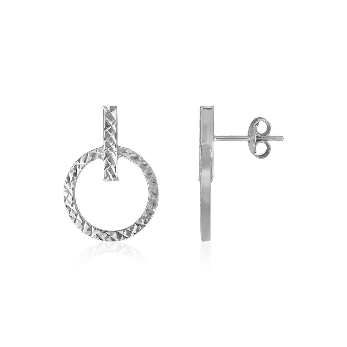 14k White Gold Textured Circle and Bar Post Earrings - Sable Gold