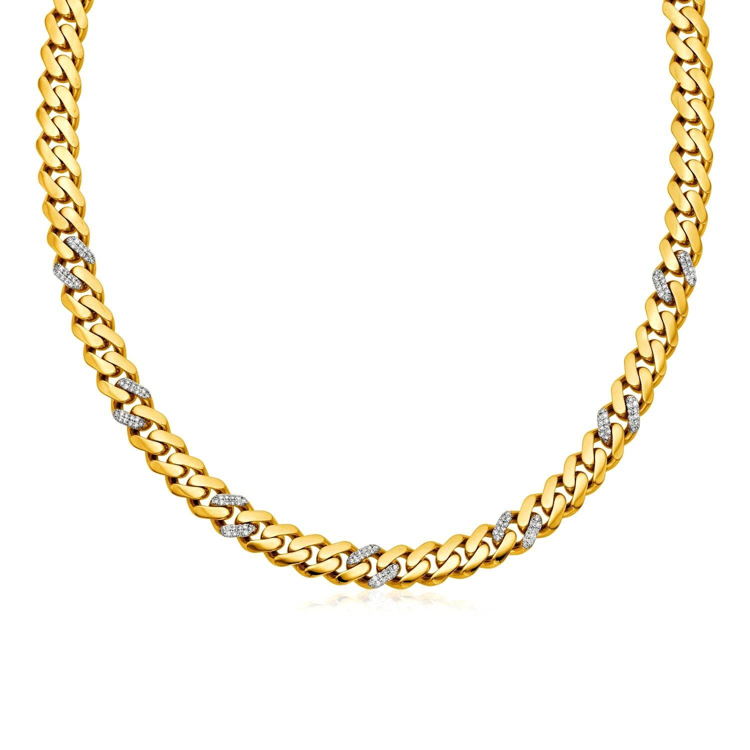 14k Yellow Gold 18 inch Polished Curb Chain Necklace with Diamonds - Sable Gold