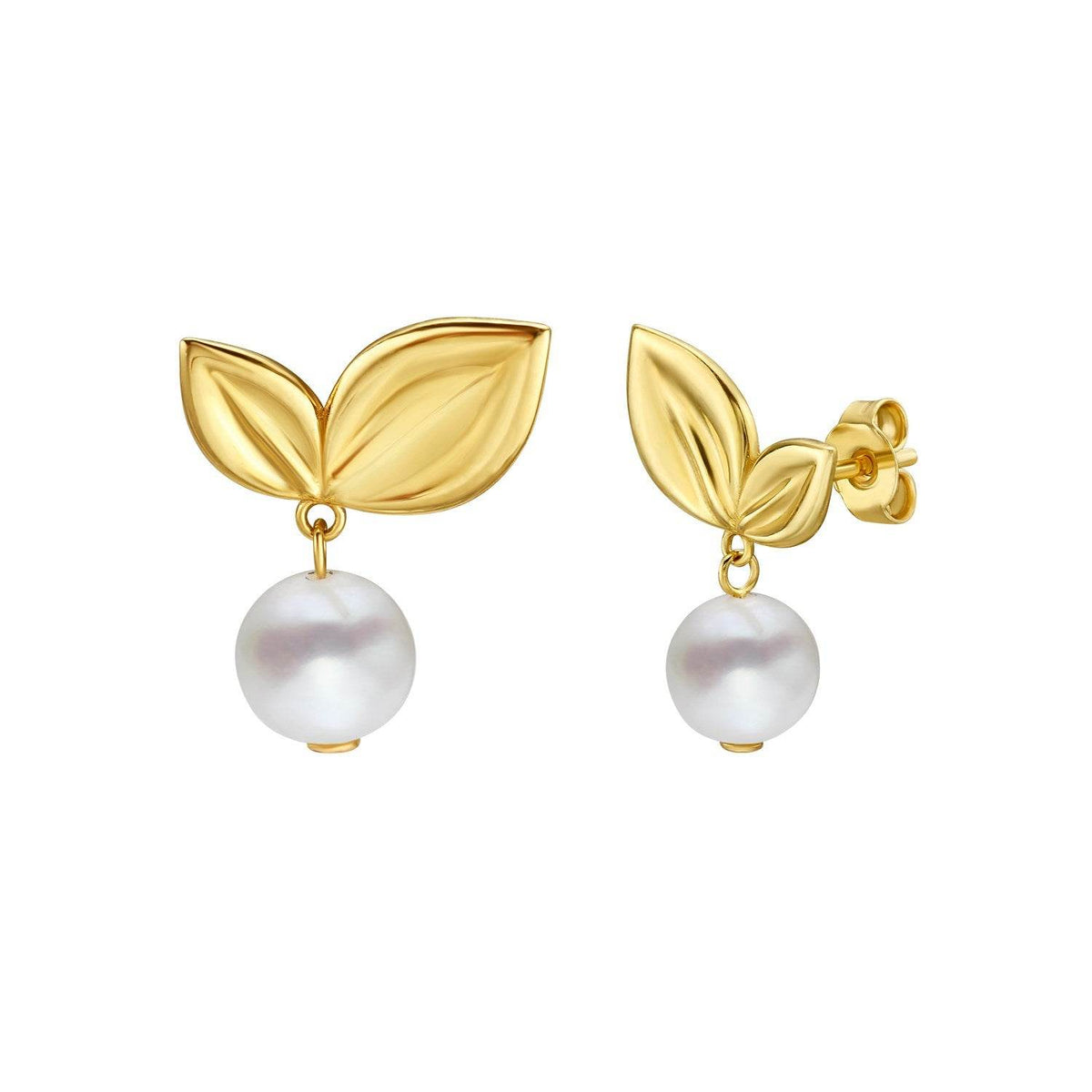 Pearl Drop Earrings with Cherry Leaf in 14K Yellow Gold - Sable Gold