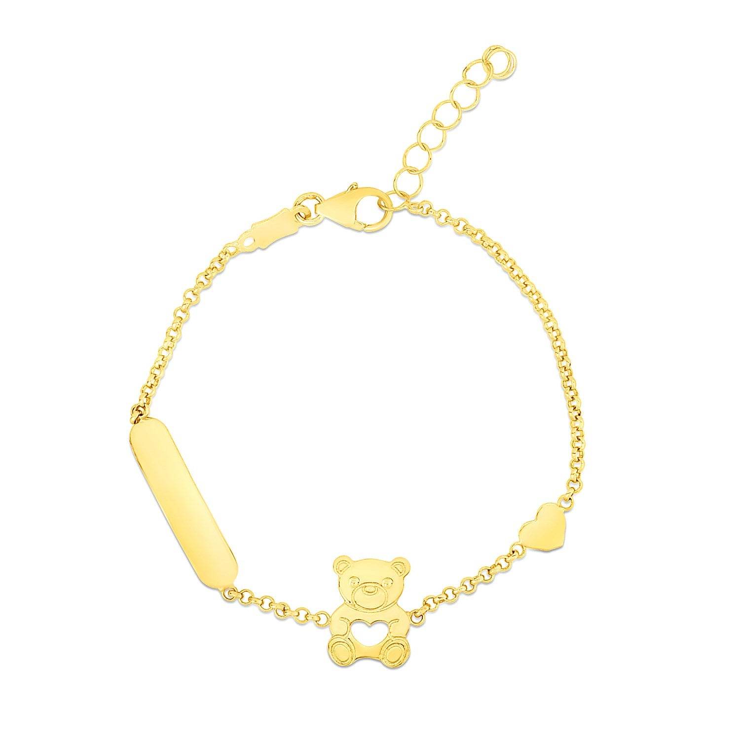 14k Yellow Gold Childrens Bracelet with Teddy Bear Heart and Bar - Sable Gold