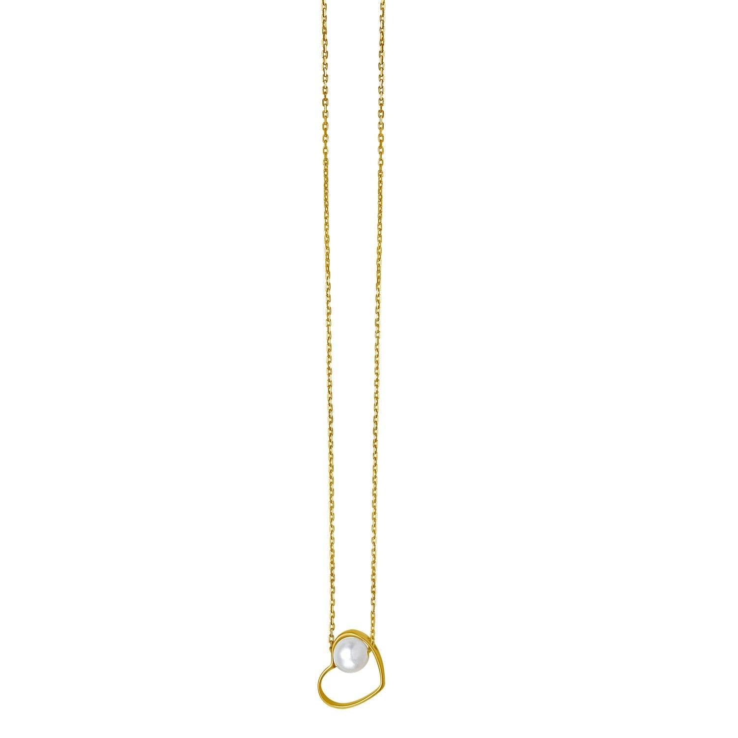 Open Heart and Pearl Necklace in 14K Yellow Gold - Sable Gold