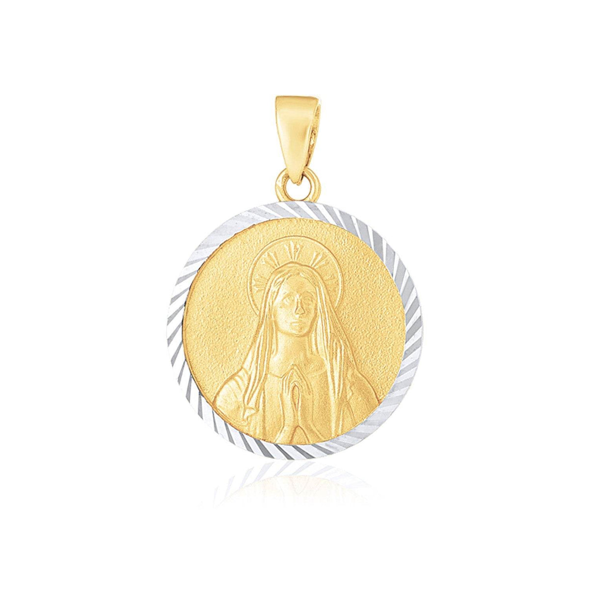 14k Two Tone Gold Round Textured Religious Medal Pendant - Sable Gold