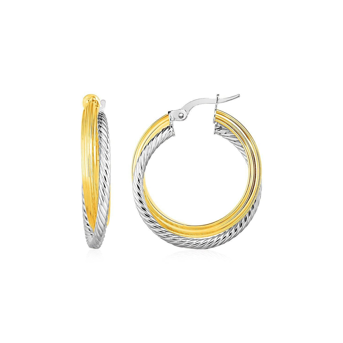 Two Part Textured and Shiny Hoop Earrings in 14k Yellow and White Gold(4x20mm) - Sable Gold