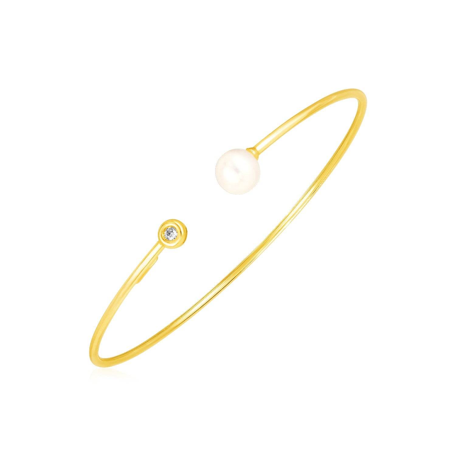 14k Yellow Gold Cuff Bangle with Pearl and Diamond (3.00 mm) - Sable Gold