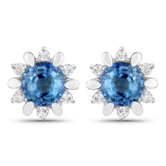 1.87 Carat Genuine Blue Sapphire and White Diamond 14K White Gold Earrings - Sable Gold