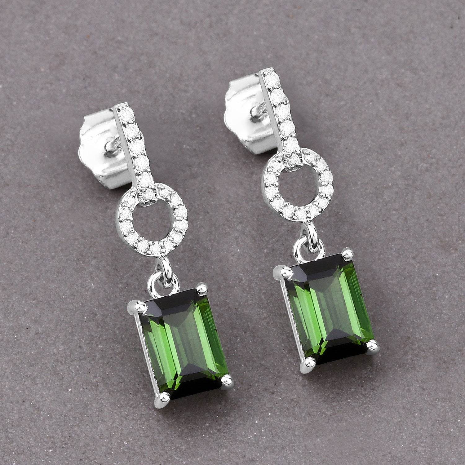 2.28 Carat Genuine Green Tourmaline and White Diamond 14K White Gold Earrings - Sable Gold