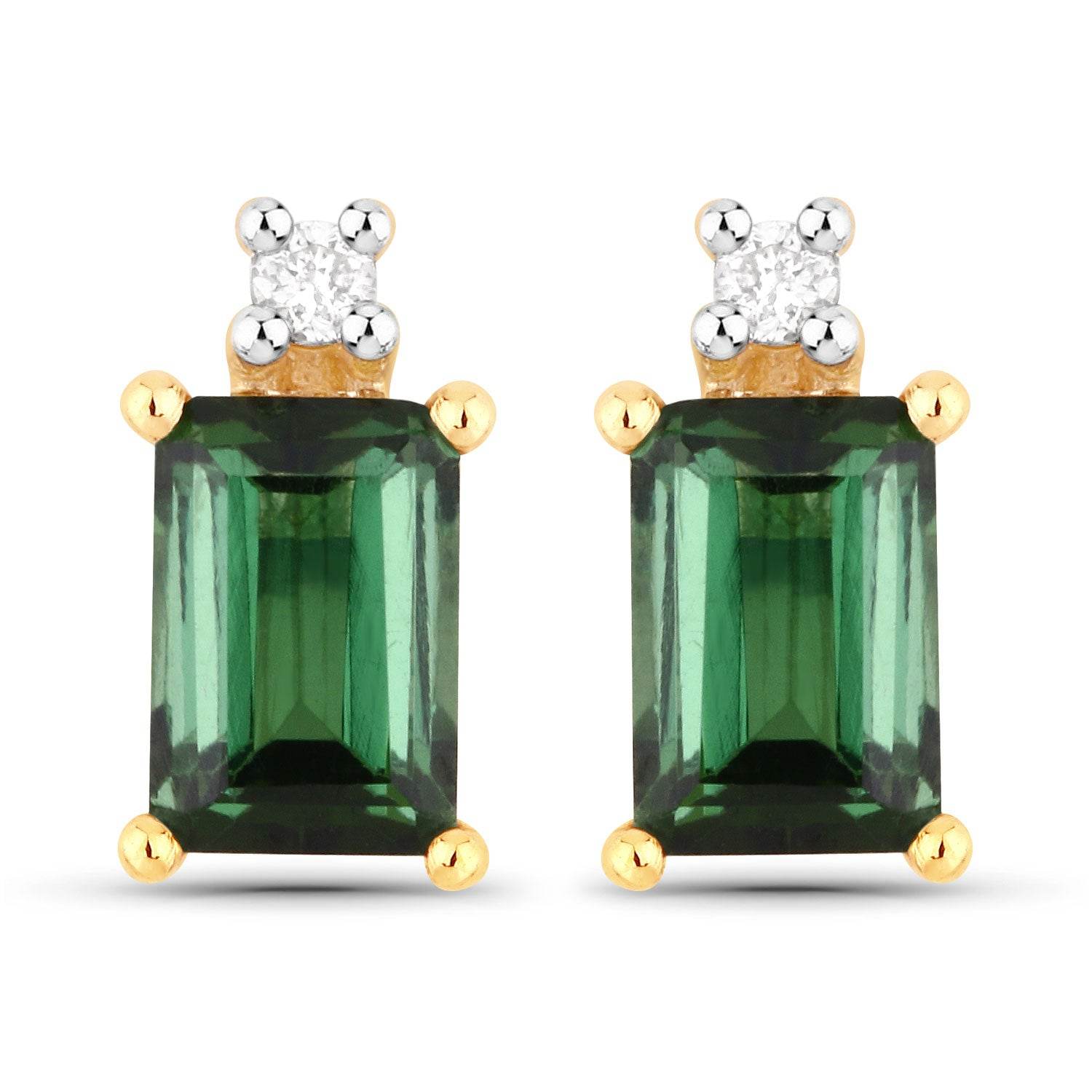 1.24 Carat Genuine Green Tourmaline and White Diamond 14K Yellow Gold Earrings - Sable Gold