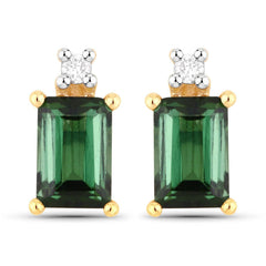 1.24 Carat Genuine Green Tourmaline and White Diamond 14K Yellow Gold Earrings - Sable Gold