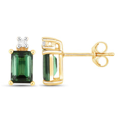 1.24 Carat Genuine Green Tourmaline and White Diamond 14K Yellow Gold Earrings - Sable Gold