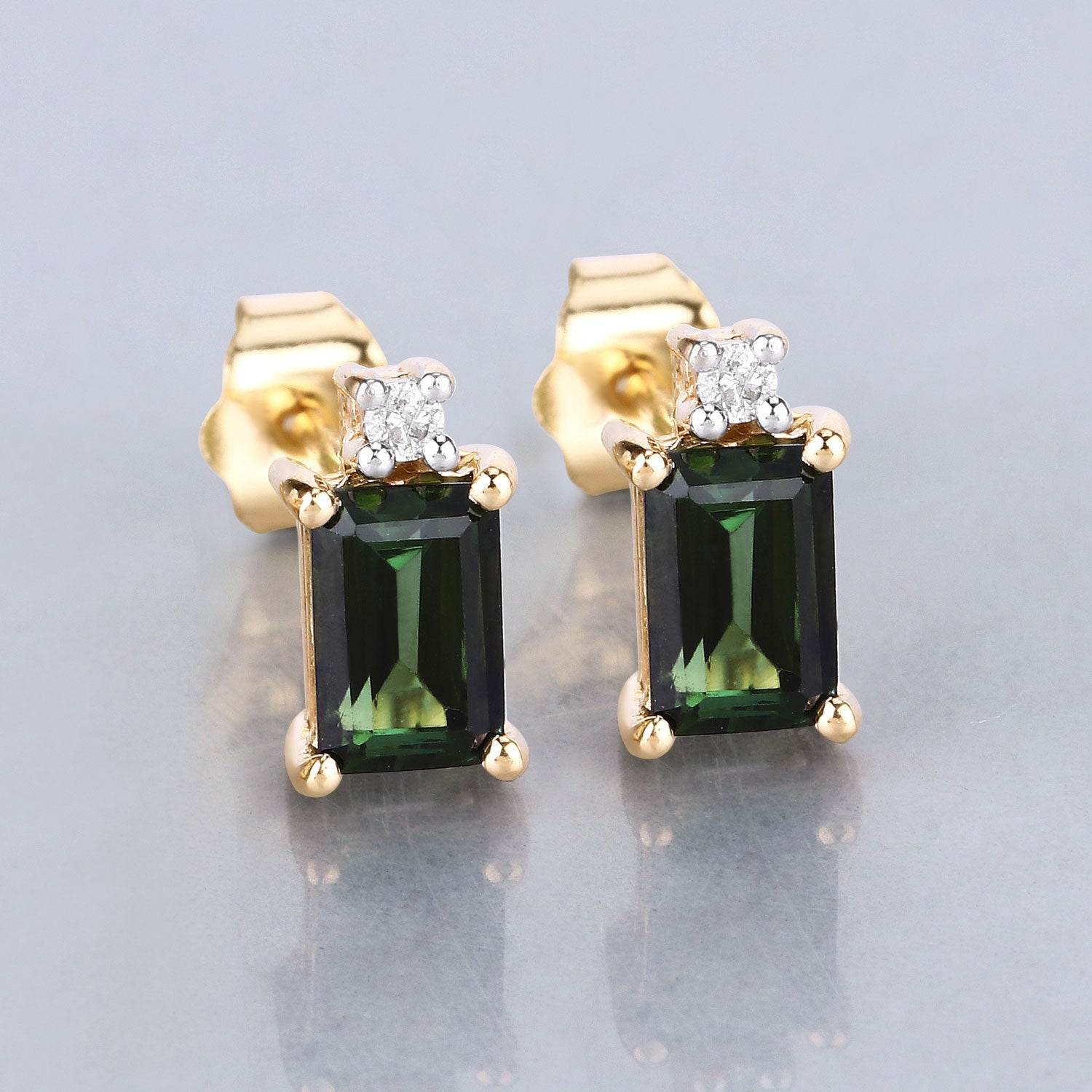 1.24 Carat Genuine Green Tourmaline and White Diamond 14K Yellow Gold Earrings - Sable Gold