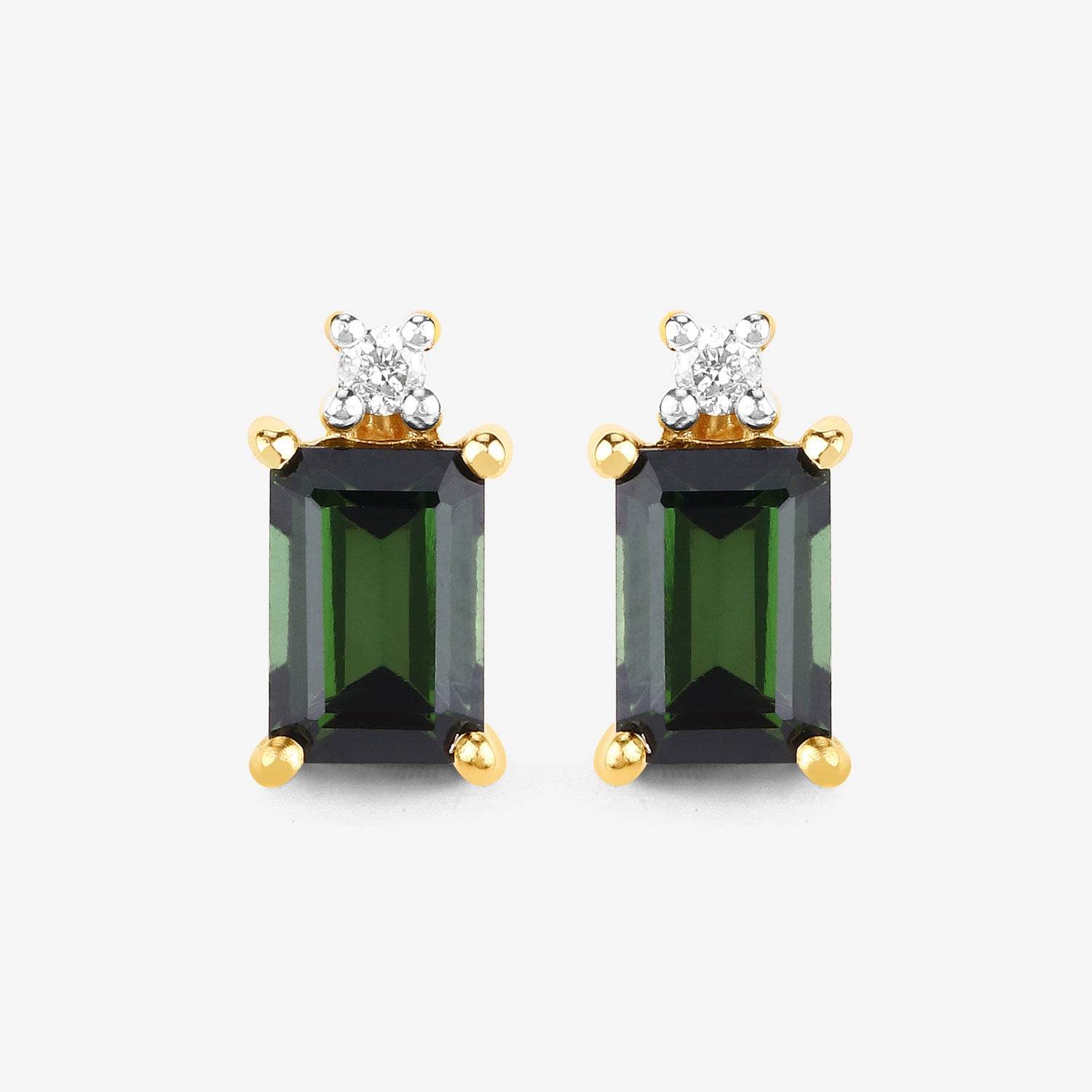 1.24 Carat Genuine Green Tourmaline and White Diamond 14K Yellow Gold Earrings - Sable Gold