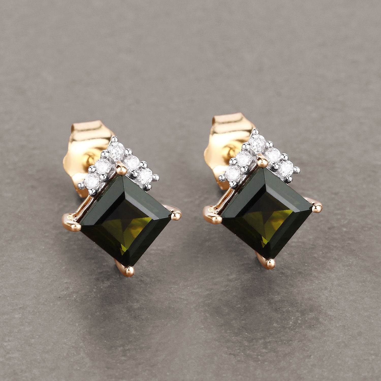 1.66 Carat Genuine Green Tourmaline and White Diamond 14K Yellow Gold Earrings - Sable Gold