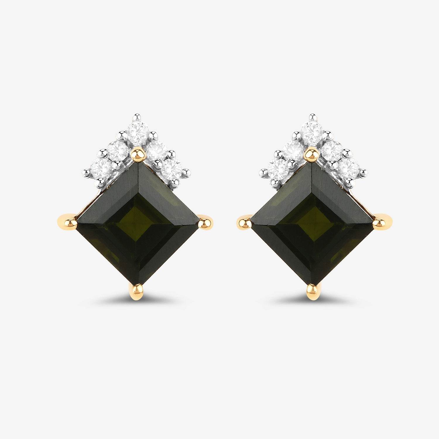 1.66 Carat Genuine Green Tourmaline and White Diamond 14K Yellow Gold Earrings - Sable Gold