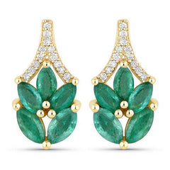 0.91 Carat Genuine Zambian Emerald and White Diamond 14K Yellow Gold Earrings - Sable Gold