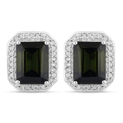 3.57 Carat Genuine Green Tourmaline and White Diamond 14K White Gold Earrings - Sable Gold