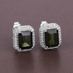 3.57 Carat Genuine Green Tourmaline and White Diamond 14K White Gold Earrings - Sable Gold