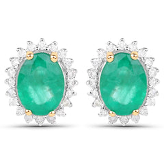 2.66 Carat Genuine Zambian Emerald and White Diamond 14K Yellow Gold Earrings - Sable Gold