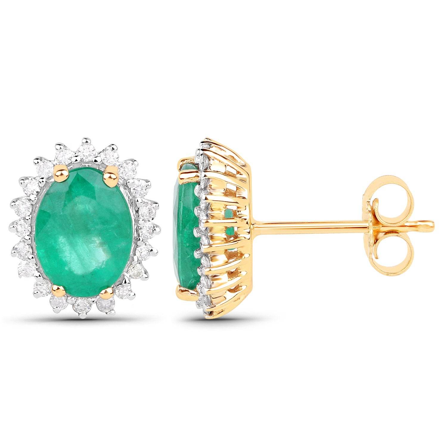 2.66 Carat Genuine Zambian Emerald and White Diamond 14K Yellow Gold Earrings - Sable Gold