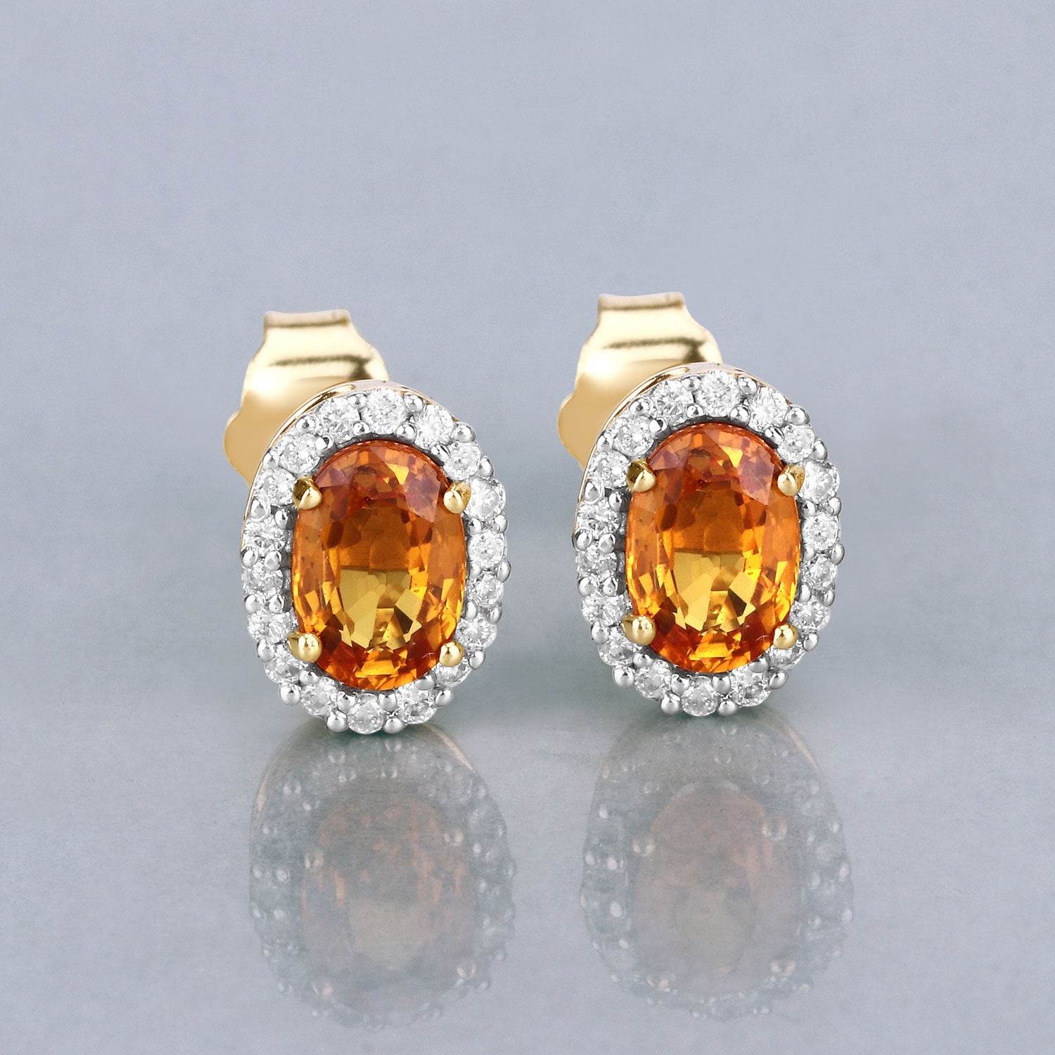 1.66 Carat Genuine Orange Sapphire and White Diamond 14K Yellow Gold Earrings - Sable Gold