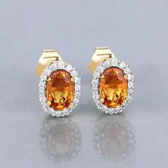 1.66 Carat Genuine Orange Sapphire and White Diamond 14K Yellow Gold Earrings - Sable Gold